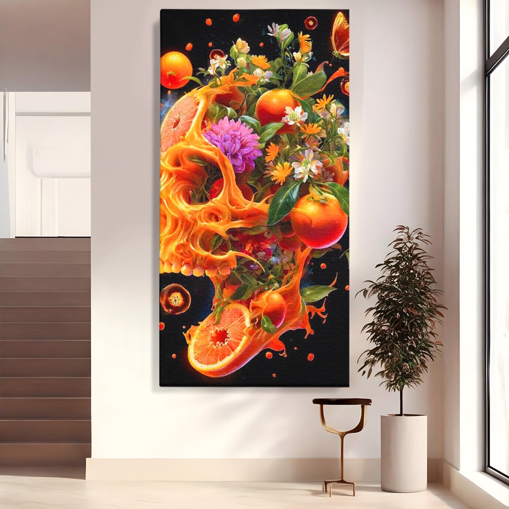 Tablou canvas cu tablou canvas cu craniu din portocale, fara rama, pe sasiu de lemn